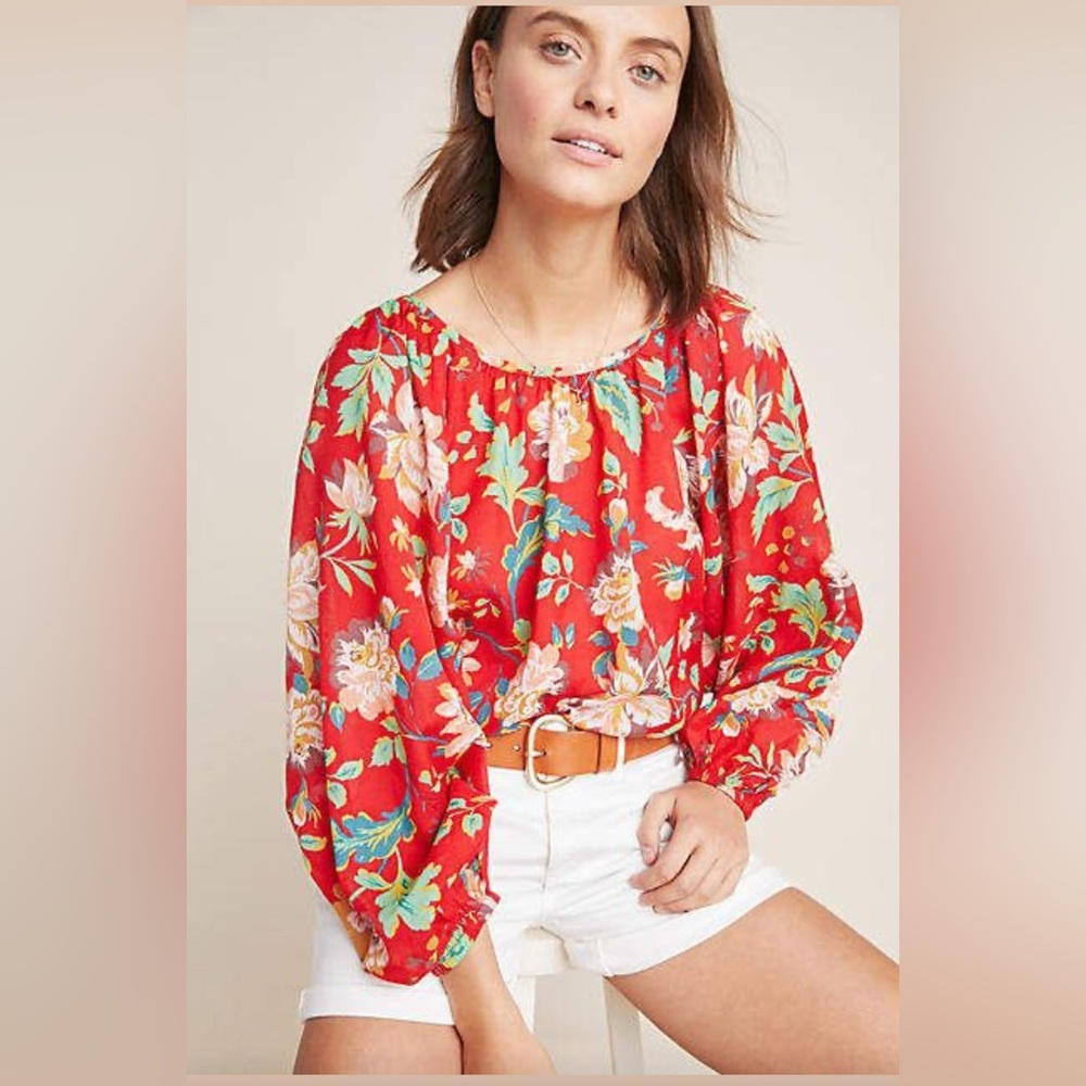 Maeve Lake House Red Floral Peasant Blouse with Balloon Sleeves